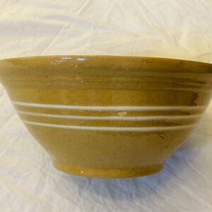 Antique stoneware yellow ware round bowl with white bands early 1900 gloss glaze